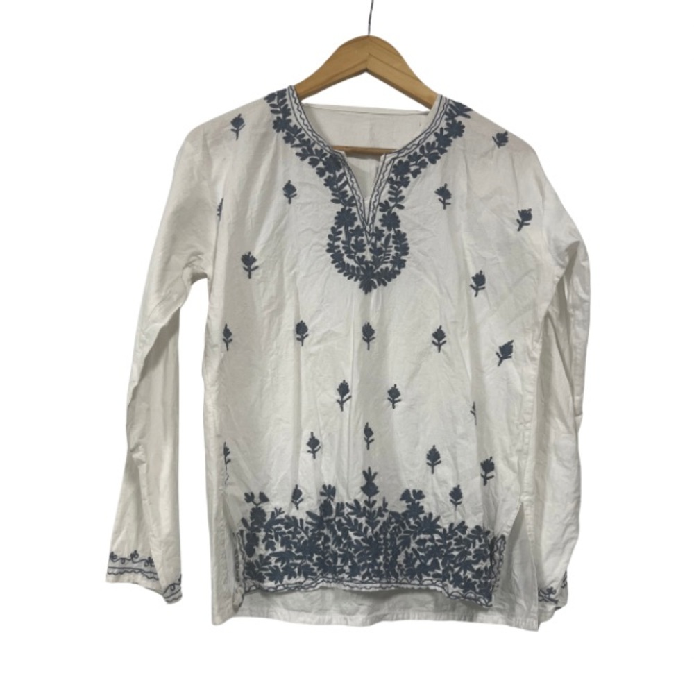 Hand Embroidered White and Blue Women's Top